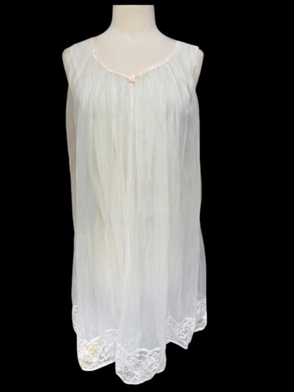 1960s Vanity Fair 100% Double Layer Chiffon Tricot Nylon Ivory w/Pink Ribbon Lac